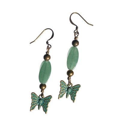 Brass and Green Aventurine gemstone with Butterflies Dangle Earrings
