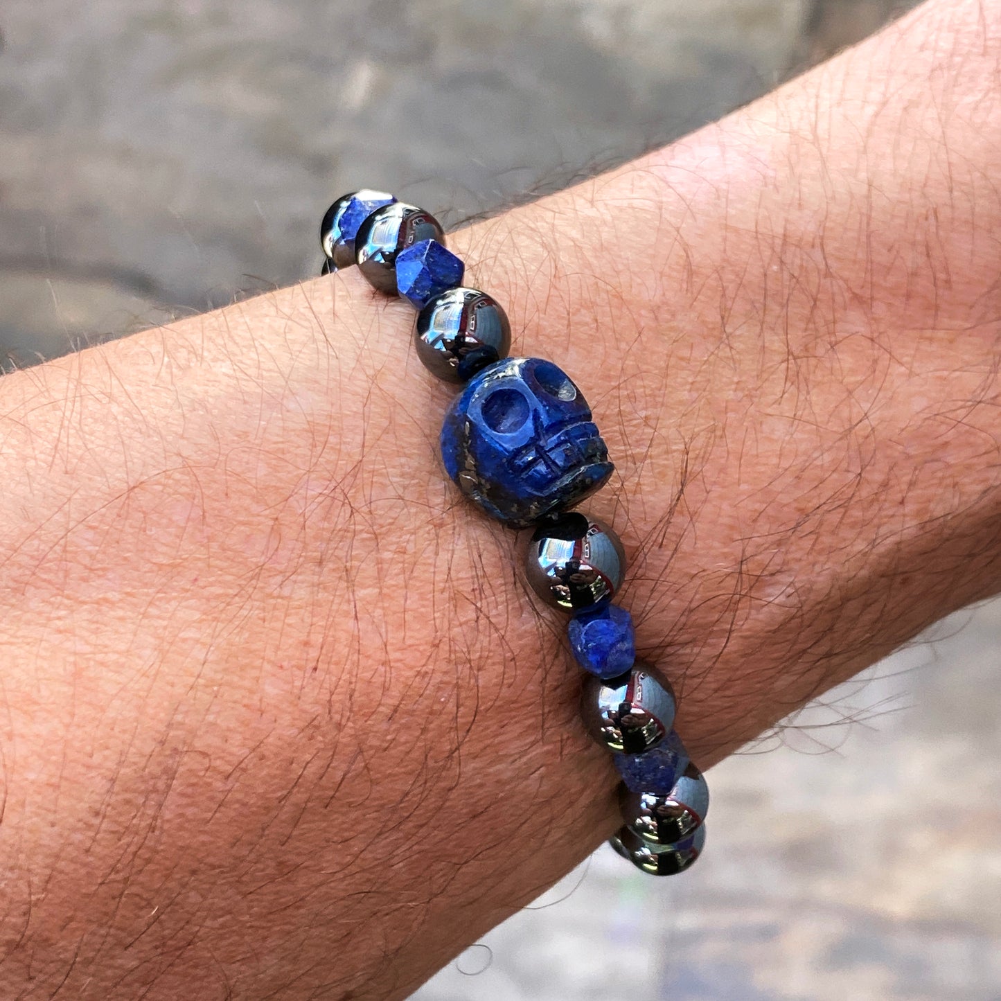 Hematite and lapis lazuli gemstone beaded bracelet
