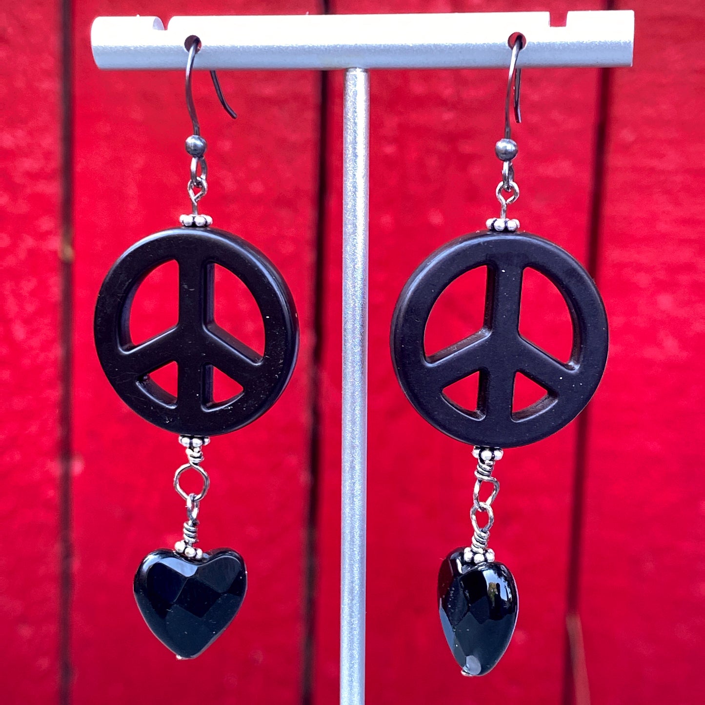 Black Onyx Faceted Hearts w/ Howlite Peace Signs and Sterling Silver Drop Earrings
