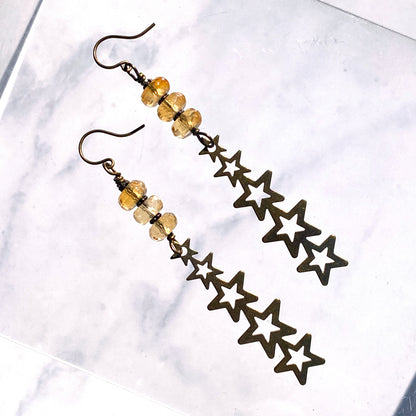 Brass Stars and Genuine Citrine gemstone earrings