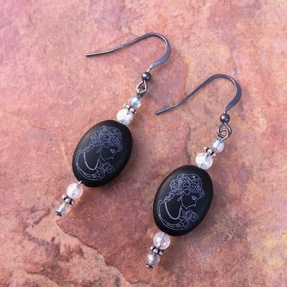Women's Onyx Cameo, Labradorite and Moonstone, with oxidized sterling silver drop earrings