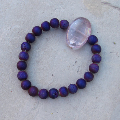 Purple Druzy Agates and Amethyst Gemstone Stretch Bracelet