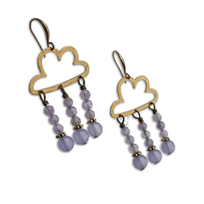 Raw Brass Cloud and Amethyst gemstone Rain Drop Earrings