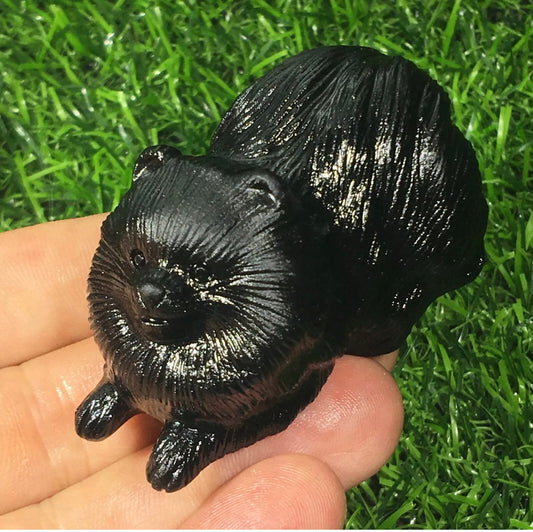 Chow dog Carved Natural Black Obsidian gemstone