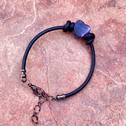 Amethyst gemstone Heart and Leather Bracelet