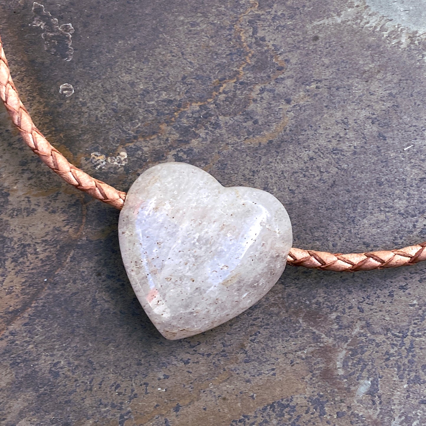 Quartz gemstone Heart on Braided Leather with Brass Clasp and Chain