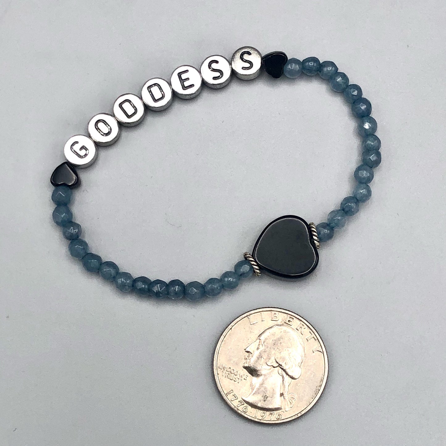 Blue Jade “GODDESS” with Onyx Gemstone Heart and Sterling Silver Stretch Bracelet