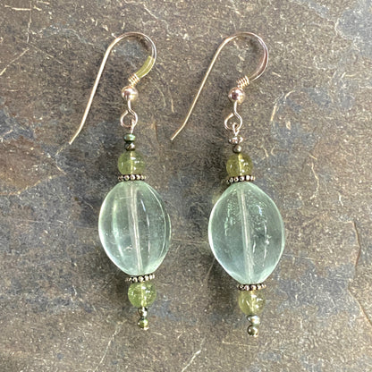 Fluorite, sterling silver, green apatite, and tiny fresh water pearl pearl drop earrings