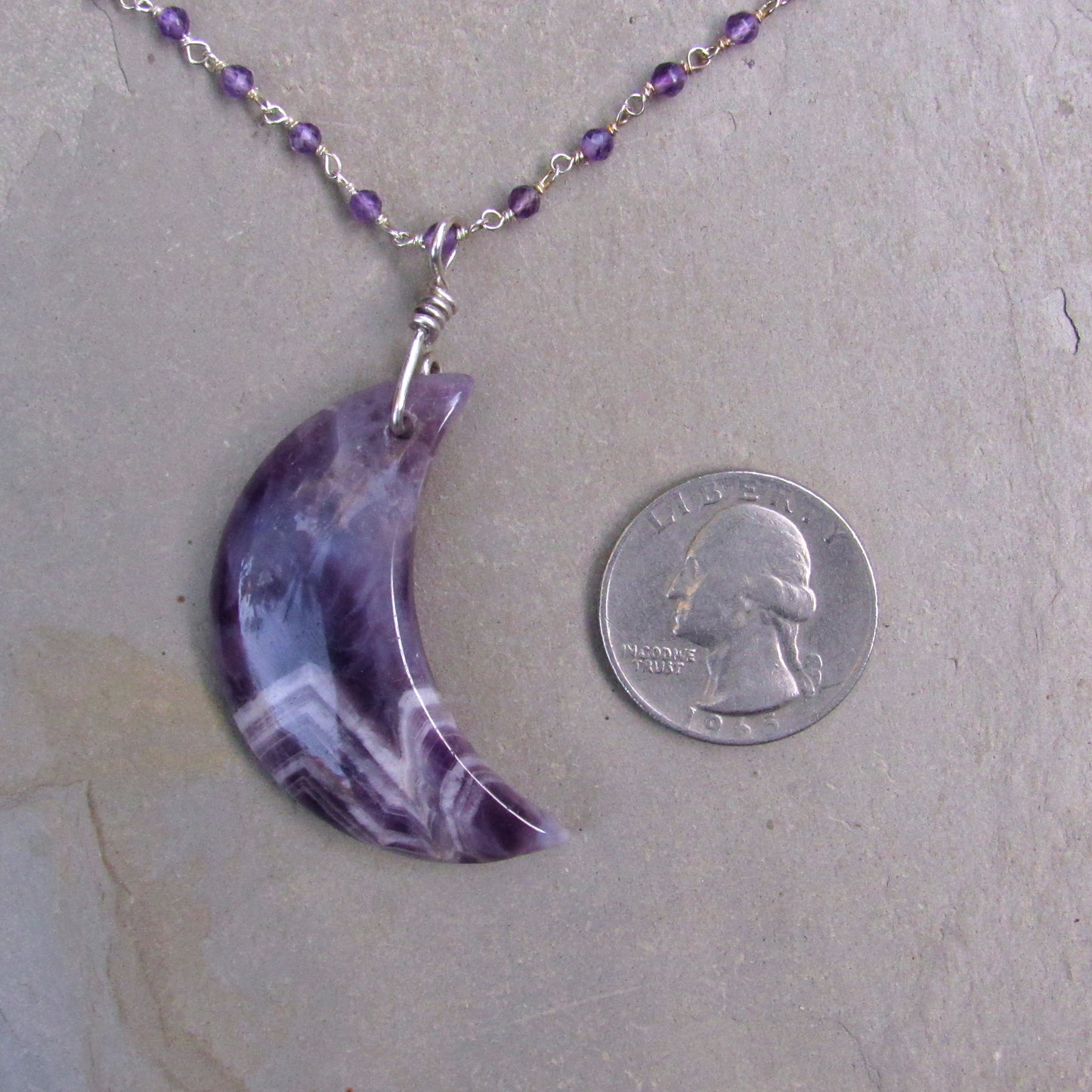 Amethyst Moon on sterling silver wrapped amethyst chain necklace