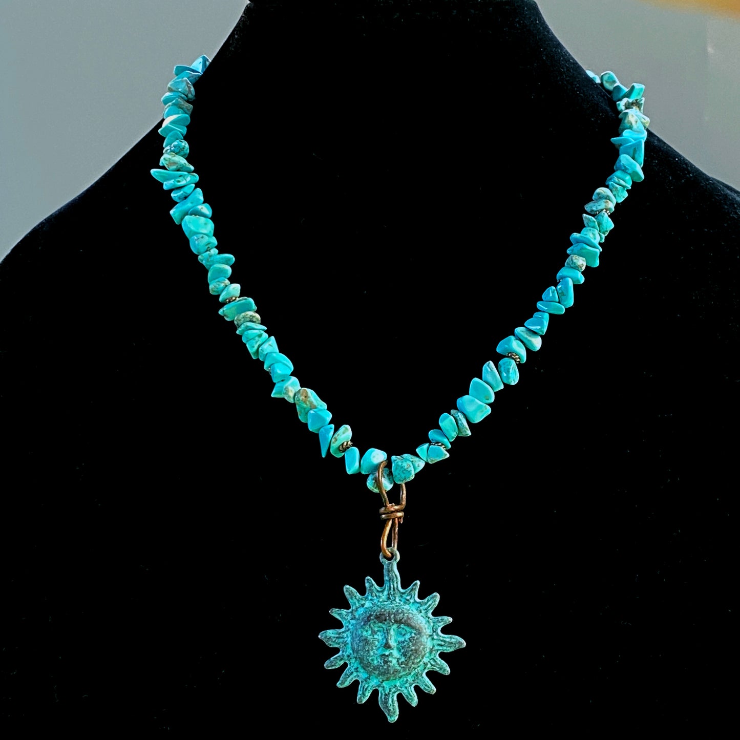 Natural Turquoise gemstone  and copper Sun pendant beaded necklace