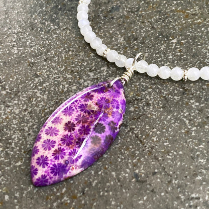 Purple Natural Nipomo Coral Fossil Pendant w/ Moonstone gemstones Neckalce