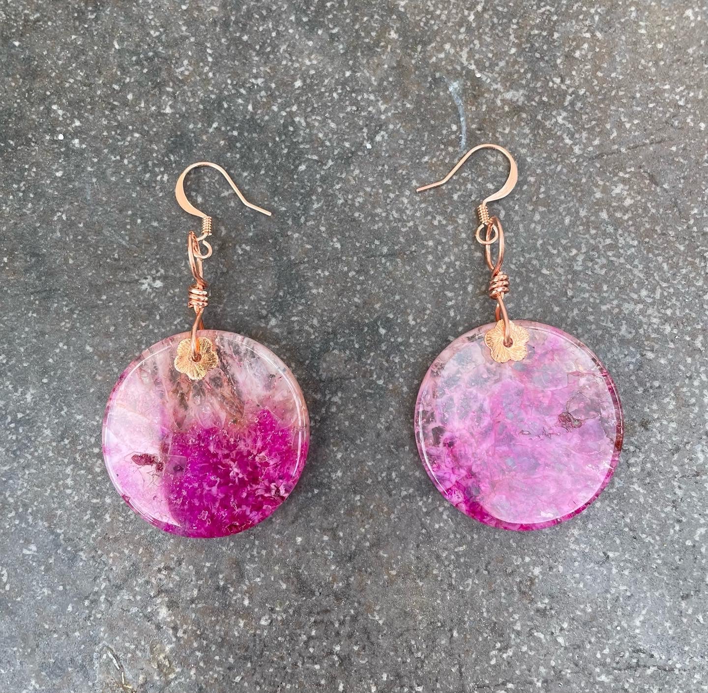 Pink druzy geode agate wrapped copper drop earrings