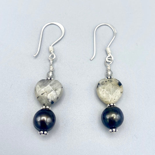 Black Pearl, Labradorite, and Sterling Silver Earrings