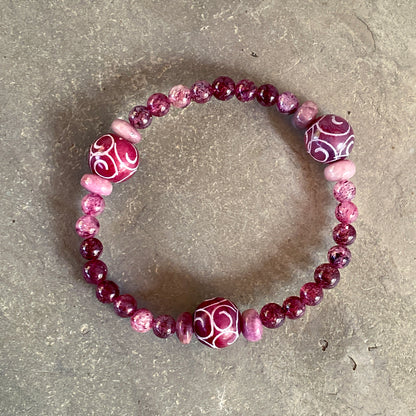 Red Jade, pink tourmaline, and strawberry Lepidocrocite gemstone stretch bracelet