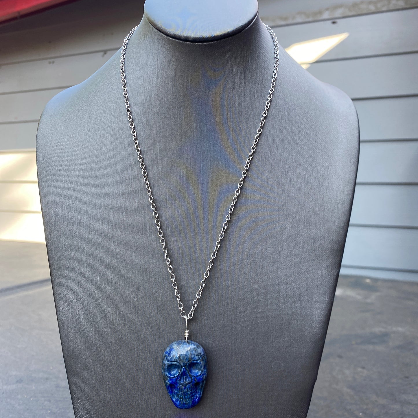 Lapis Lazuli Gemstone Skull Hand Wrapped w/ Sterling Silver on Stainless Steel Chain