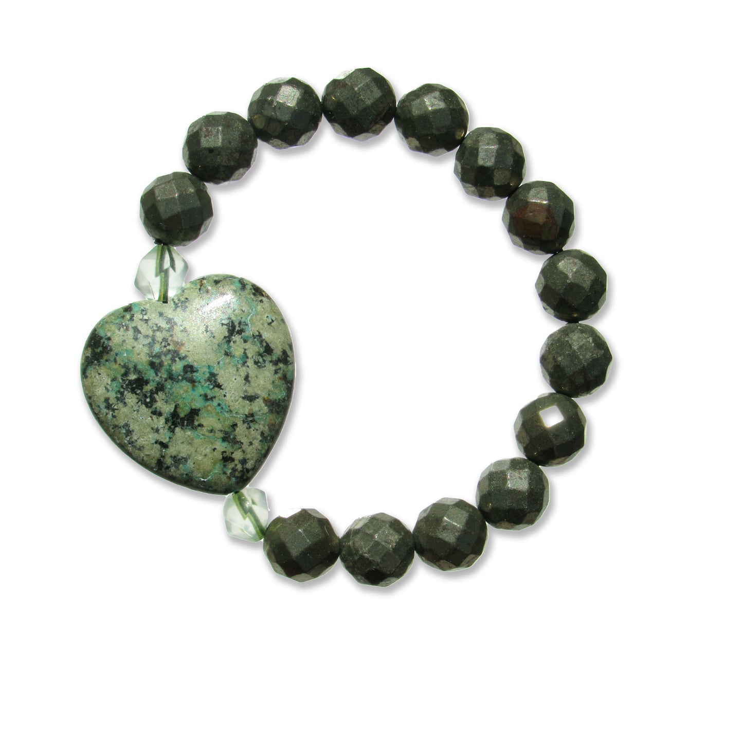 African Turquoise gemstone heart, Pyrite, and Green Topaz beaded bracelet