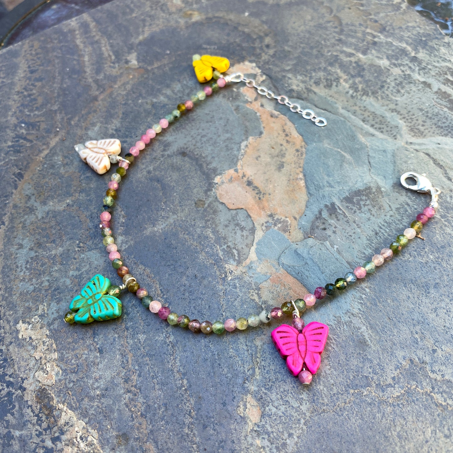 Howlite butterfly and mixed tourmaline gemstone Sterling Silver anklet
