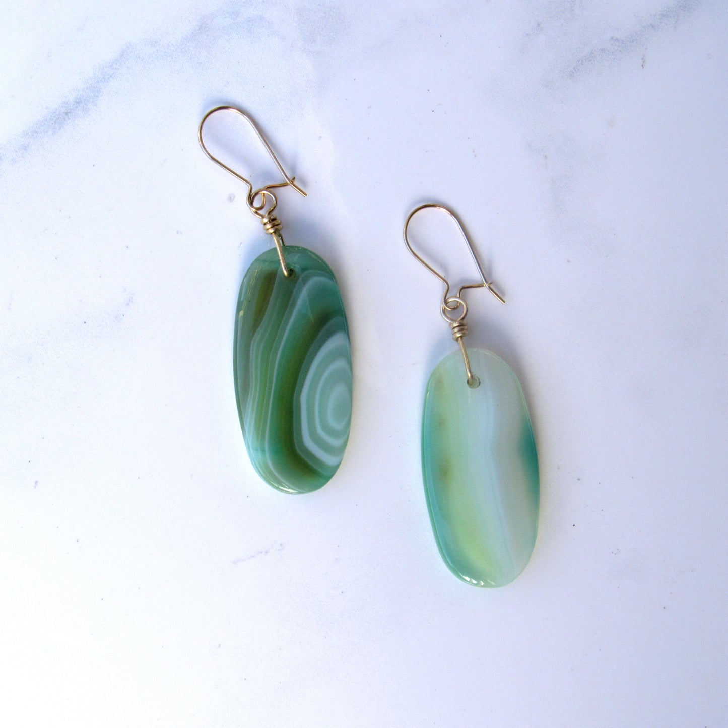 Green Banded Agate gemstone hand wrapped with 14 kt Gold filled Drop Earrings