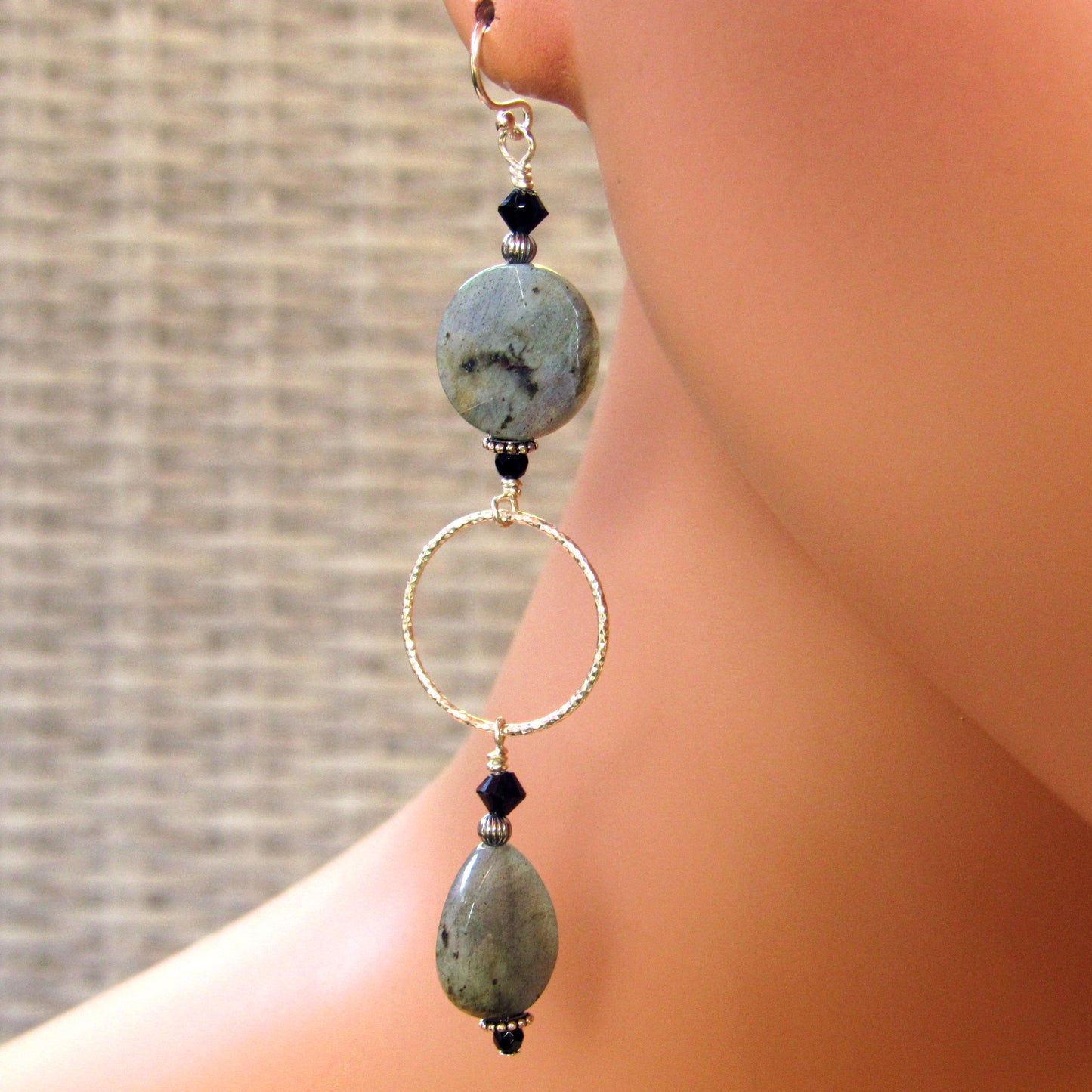 Labradorite, Onyx, Black Spinel, and Sterling Silver Drop Earrings