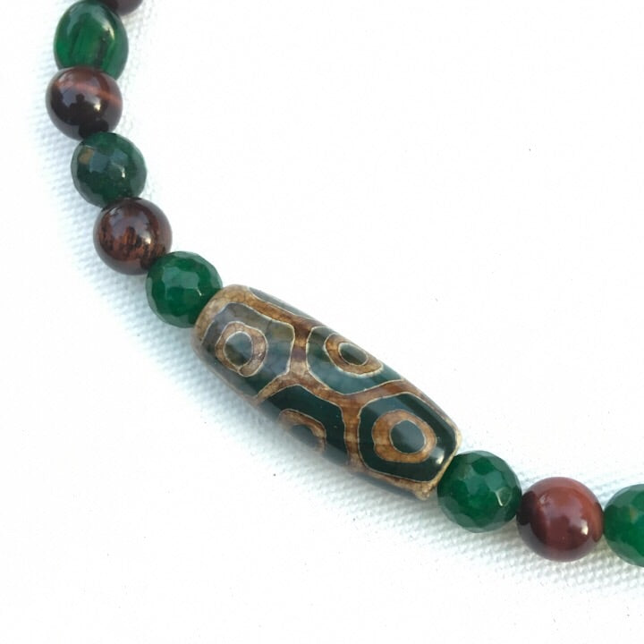 Men’s Red Tiger Eye Tibetan Agate with Green Jade gemstone necklace with copper toggle