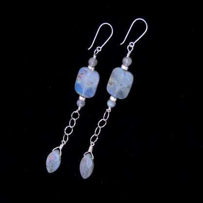 Labradorite Gemstone and Sterling Silver Long Drop earrings