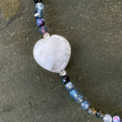 Mixed Agates, Rose Quartz heart, and Sterling Silver Flowers Necklace