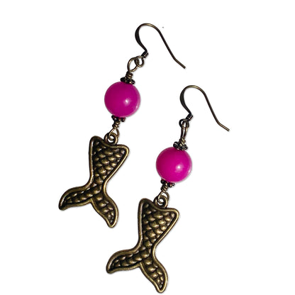 Rhodochrosite gemstone and brass Mermaid Tail Dangle Drop Earrings