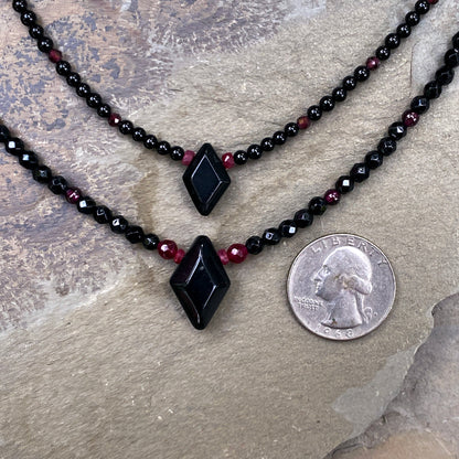 Layered Onyx Gemstone, Black Agate, Red Garnets, Rubies, Red Jade with Sterling Silver Necklace