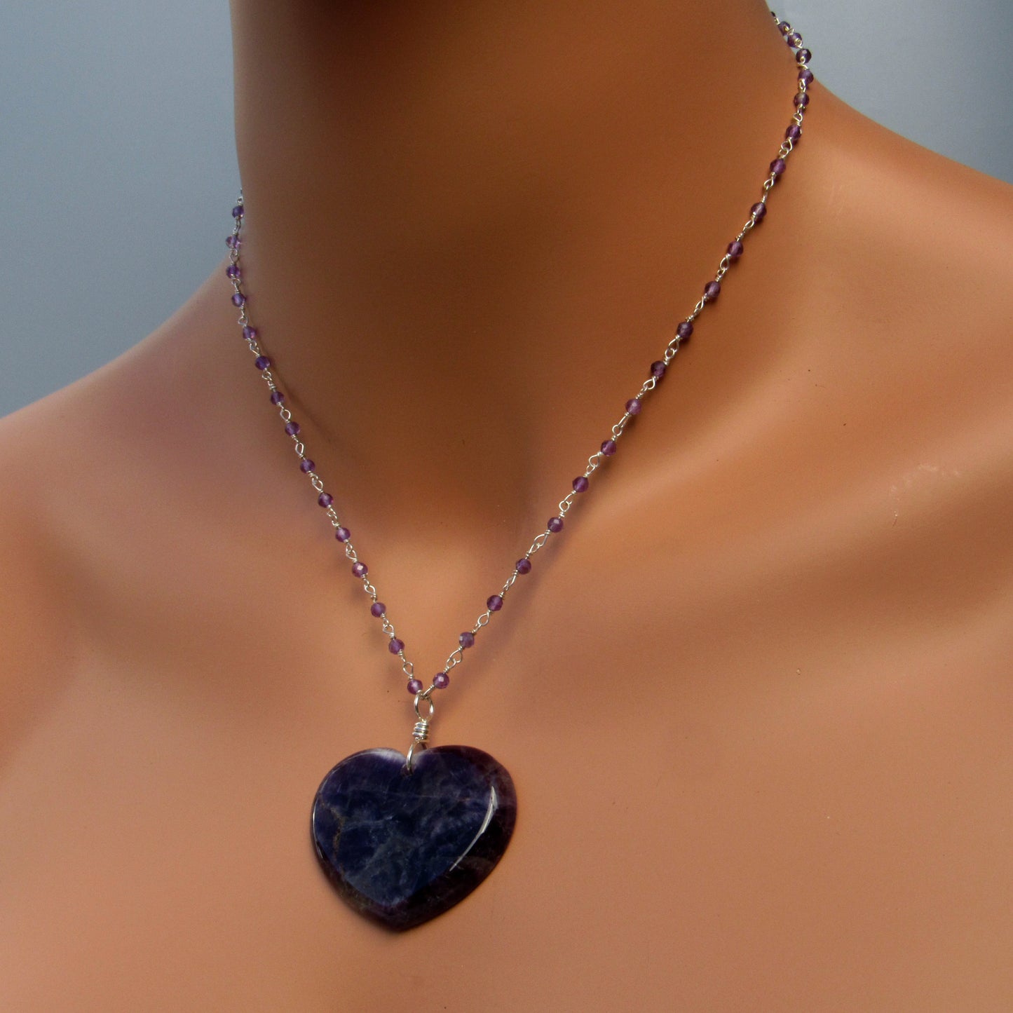 Amethyst gemstone Heart Pendant on Sterling Silver Chain Necklace
