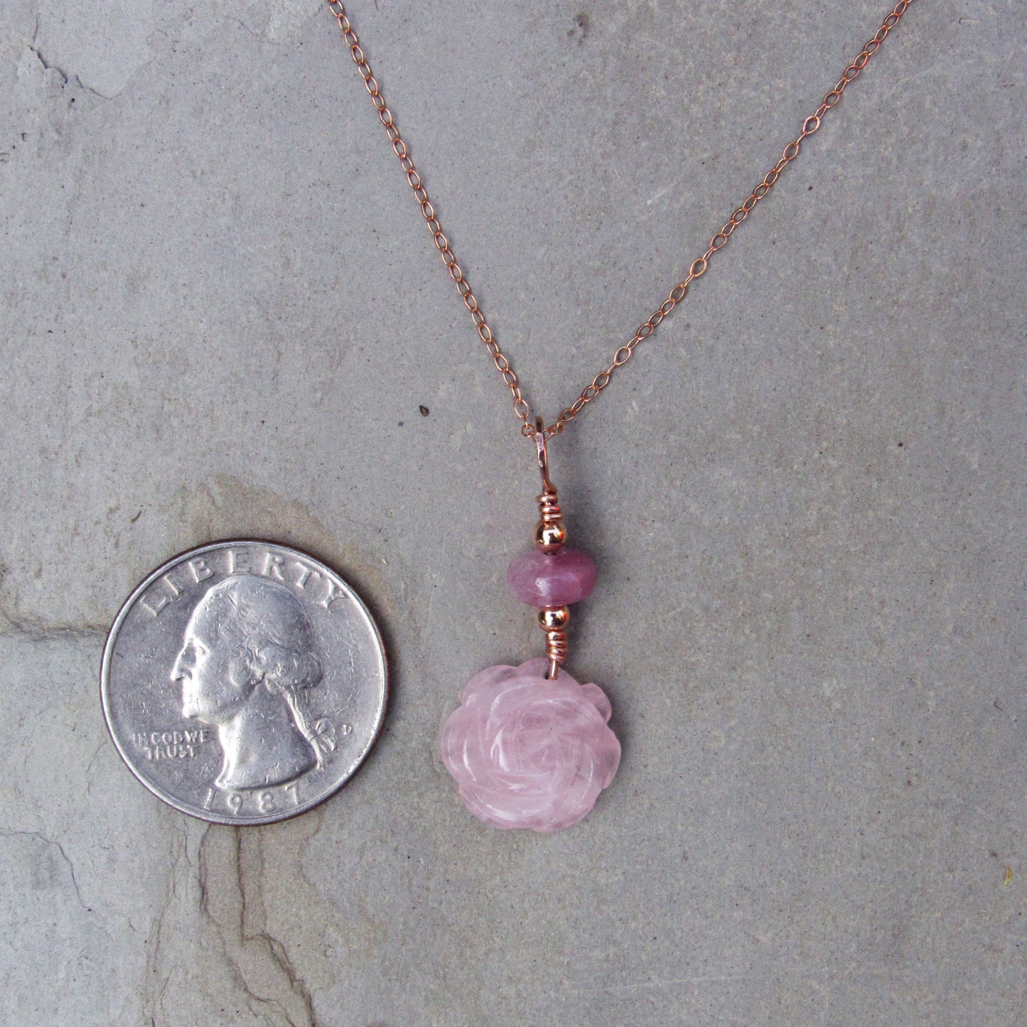 Rose Quartz Flower with Pink Tourmaline hand Wrapped on 14 Kt Gold Fill Necklace