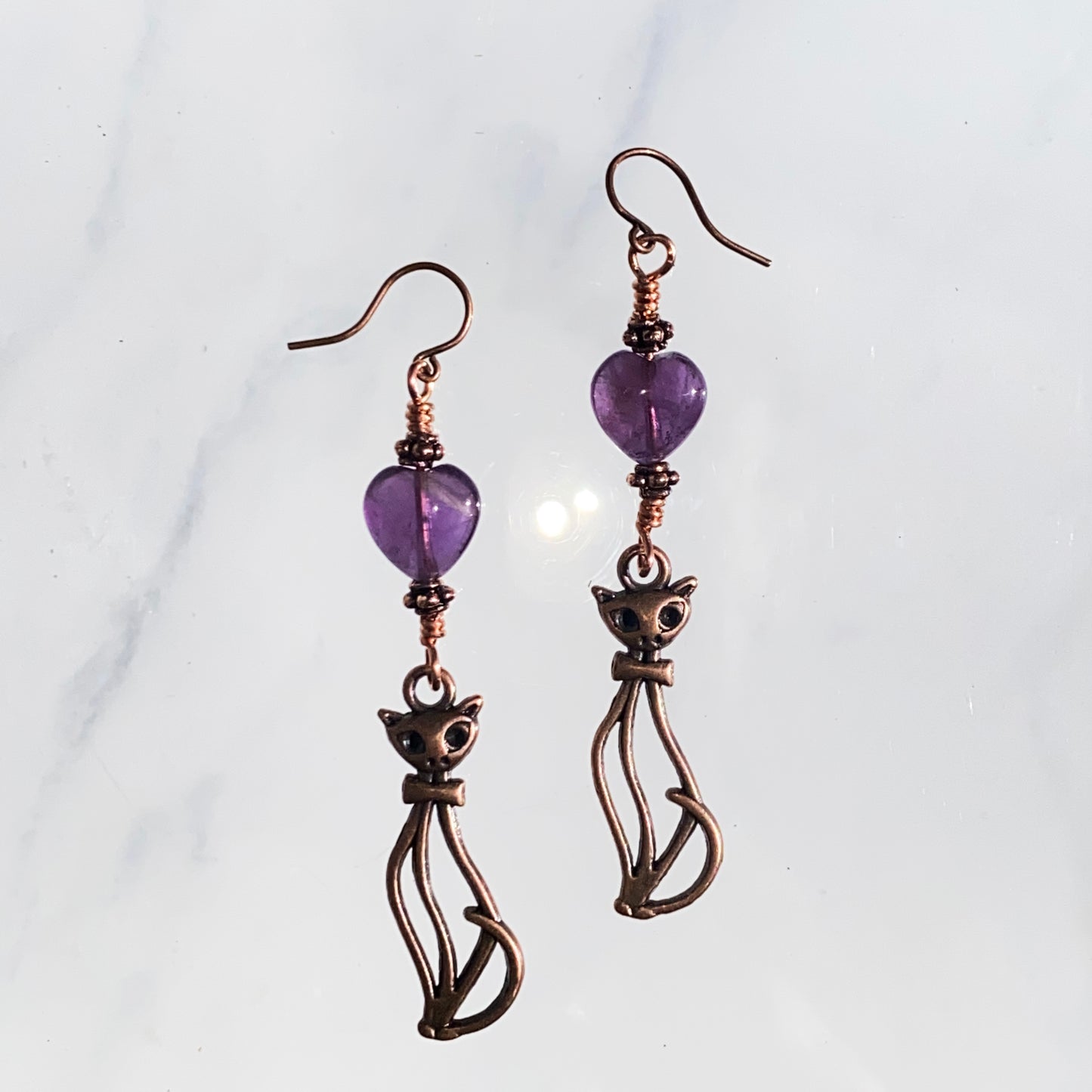 Amethyst gemstone Heart and Copper Kitty Drop Earrings