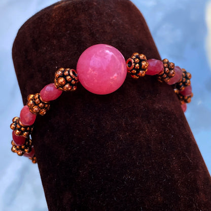 Rhodochrosite gemstone and copper stretch bracelet