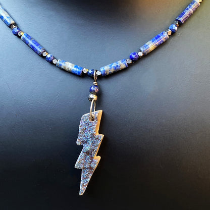Women’s Blue Druzy Bolt Wired w/ Oxidized Sterling Silver and Lapis Lazuli Necklace
