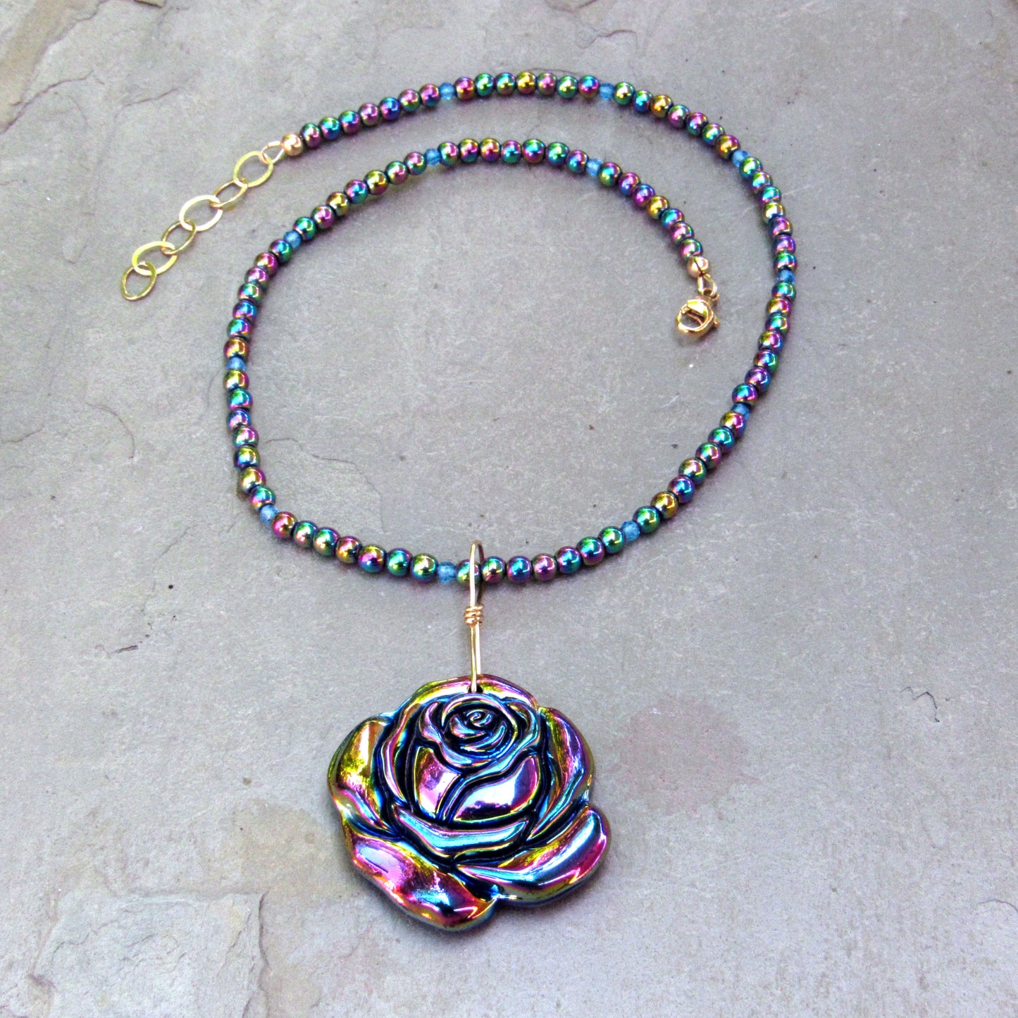 Rainbow Hematite Carved Rose wrapped with Gold Fill Wire on Hematite Gemstone Beaded Necklace