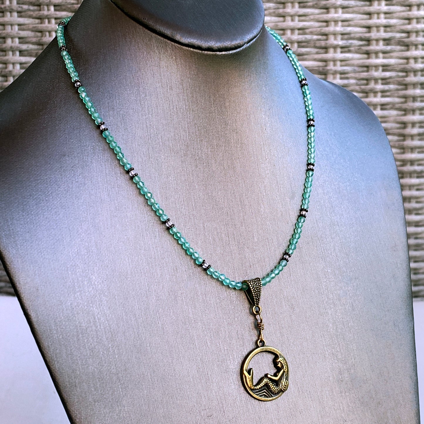 Brass Mermaid on Green Onyx and lemon topaz gemstone beaded necklace