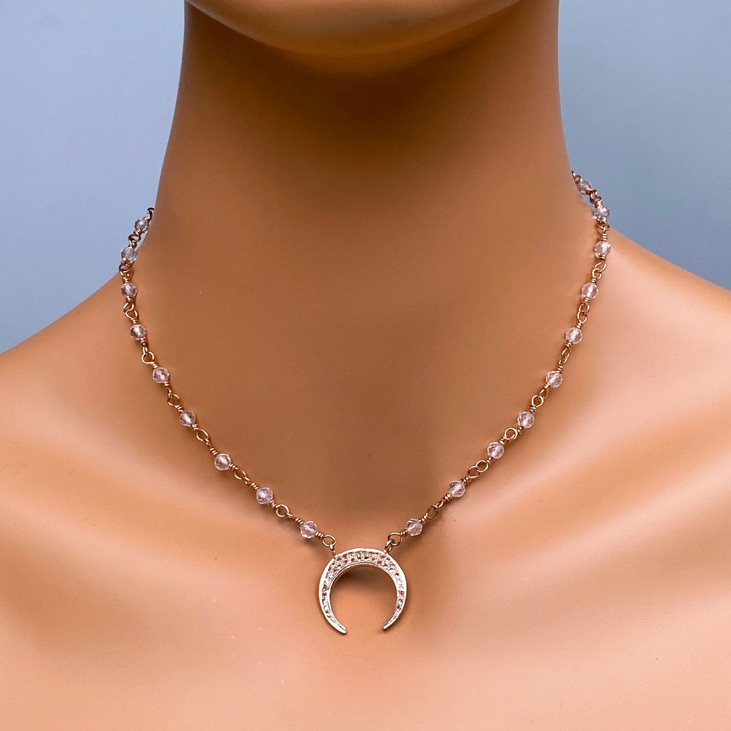 Pave White Topaz gemstones with Rose Gold Moon pendant chain necklace