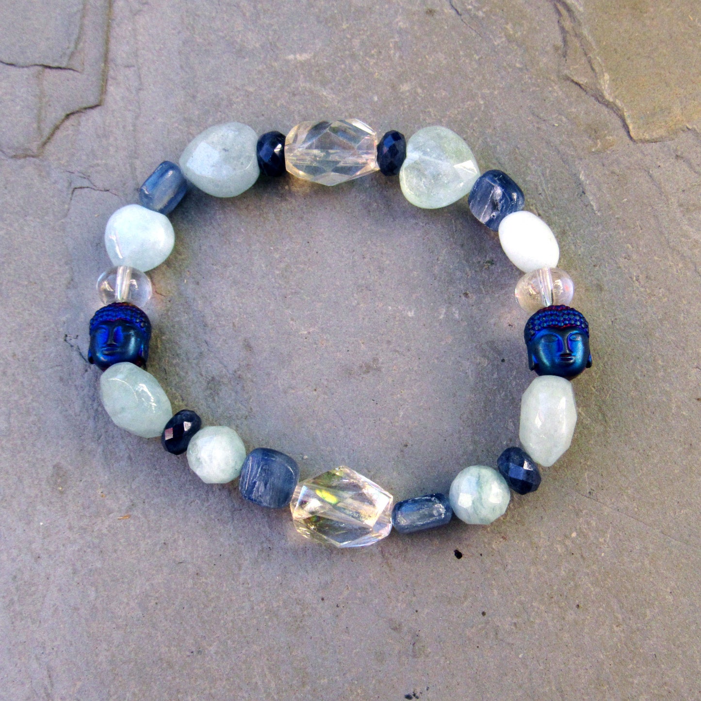 Blue Gemstone Buddha Stretch Bracelet with Sapphires and Quartz