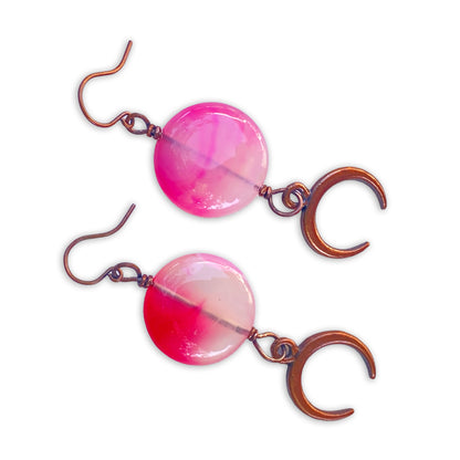 Pink agate gemstone wrapped copper Moon dangle earrings