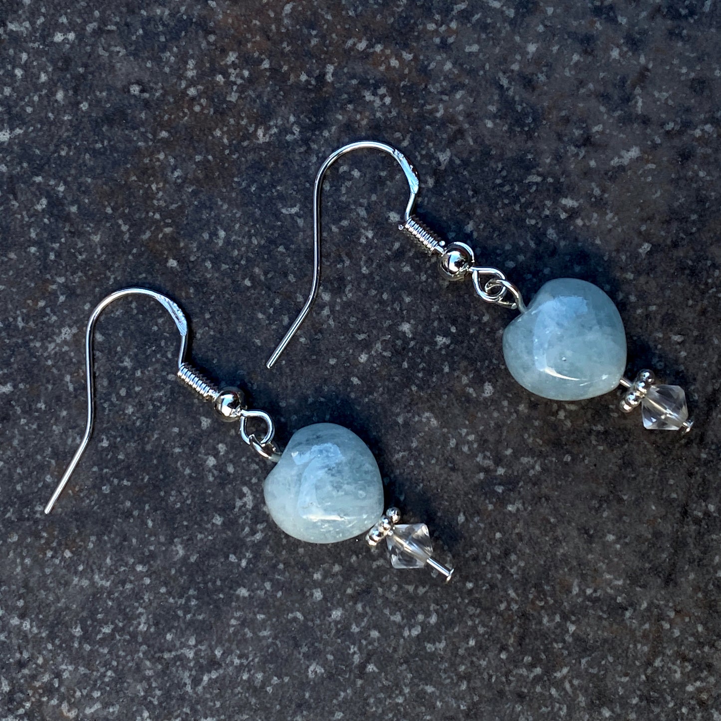 Aquamarine Hearts, Clear Quartz gemstone, and Sterling Silver Drop Earrings