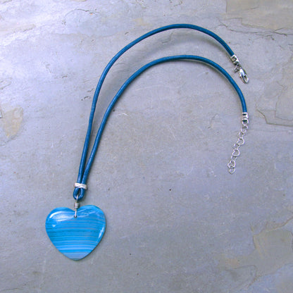 Blue Onyx Agate Gemstone on Leather with Sterling Silver Accents, Clasp and Chain