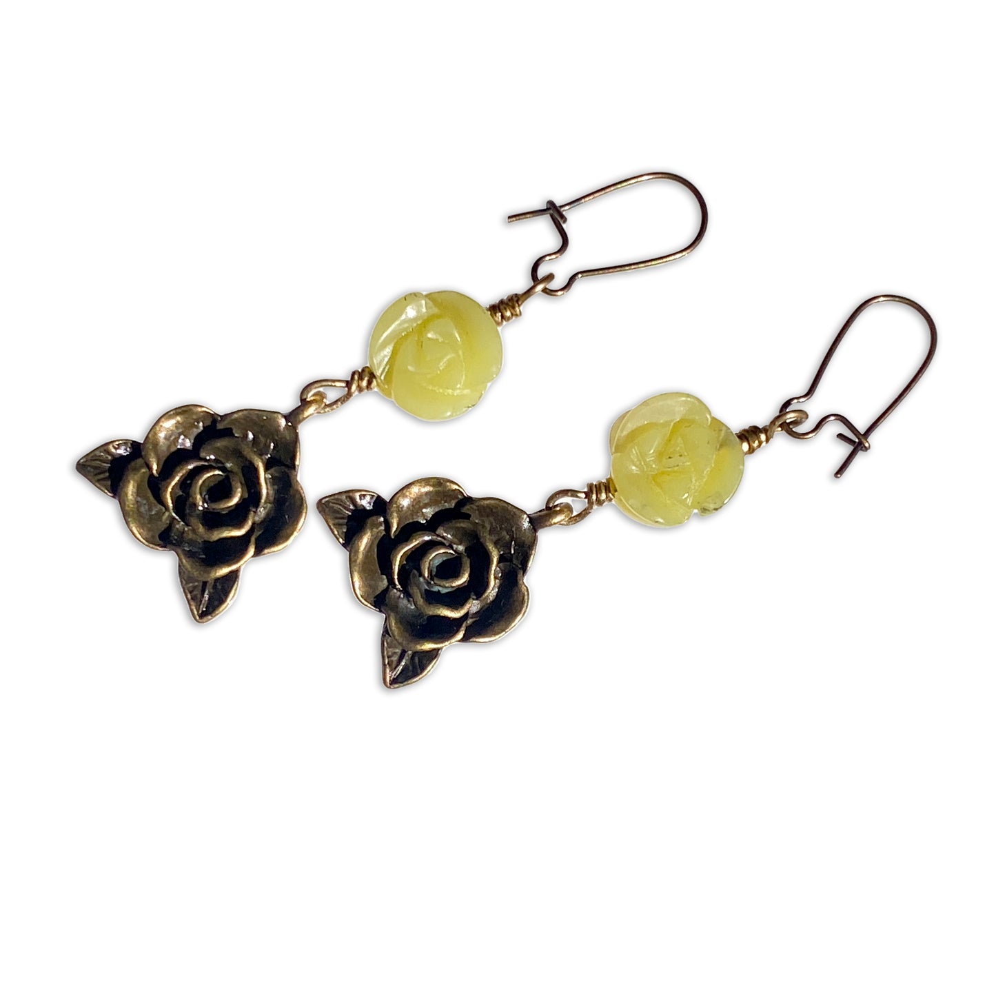 Lemon Jade gemstone and Brass Rose dangle Earrings