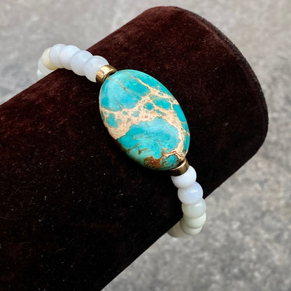 Sea Sediment Jasper gemstone, Amazonite, and 14 kt Gf Stretch Bracelet