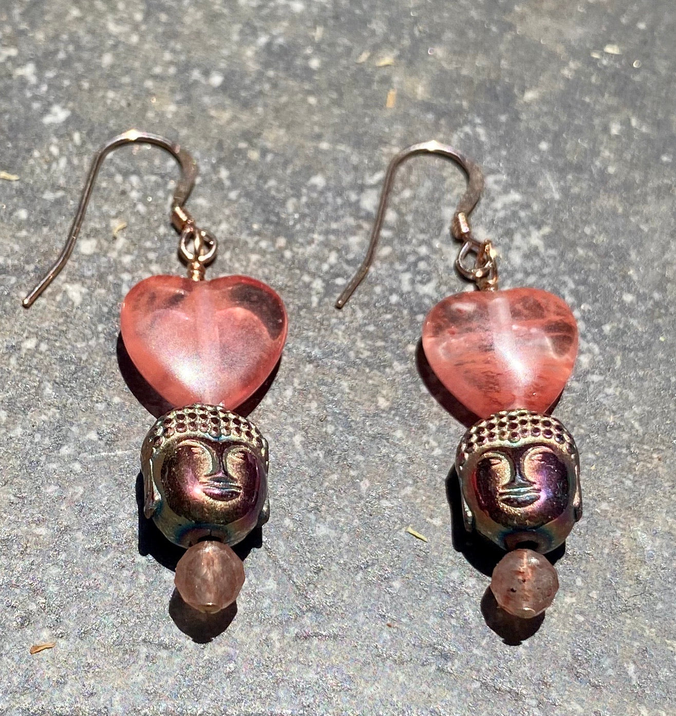 Rainbow Hematite Buddha with rose quartz hearts gemstone Earrings
