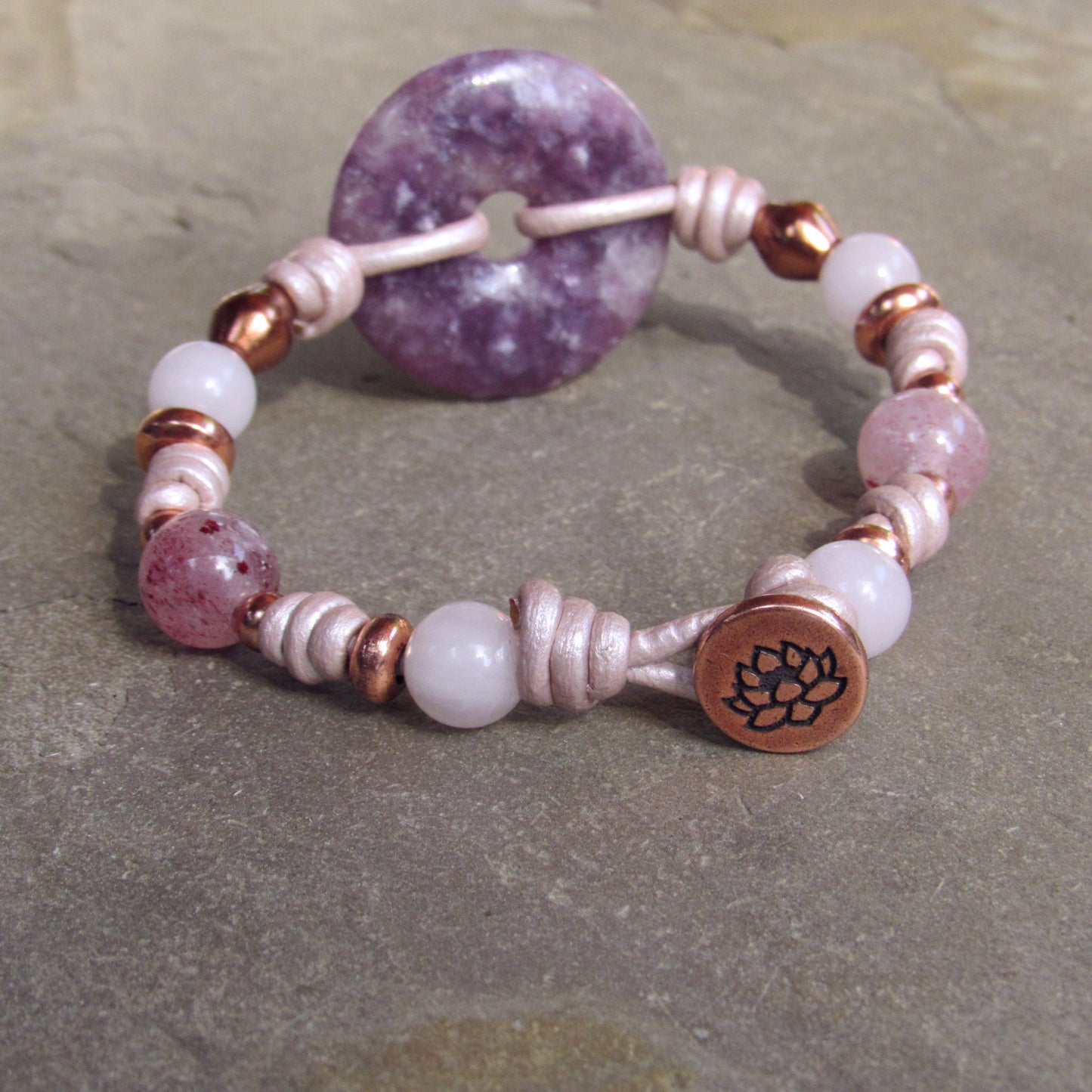 Lepidolite, Strawberry Quartz, Clear Quartz, White Agates with Copper Lotus Button