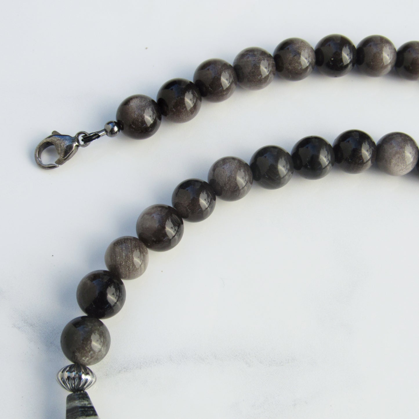 Cloudy Quartz, silver leaf Jasper and silver obsidian with oxidized s silver men’s handmade necklace
