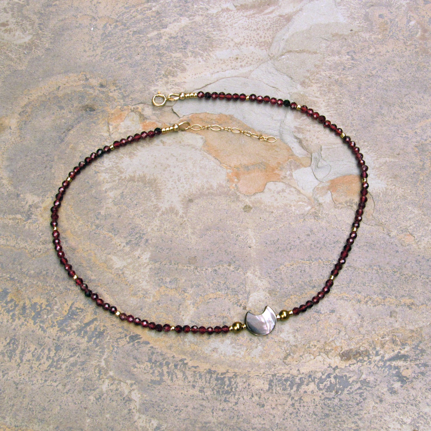 Mother of pearl moon choker with Garnet and Gold Hematite, and 14 kt GF Components