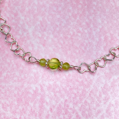 Peridot gemstone heart and silver heart chain bracelet with clasp
