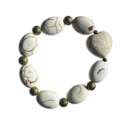 White turquoise gemstone heart Bracelet with brass accents