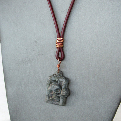 Labradorite gemstone Skull on Leather Necklace