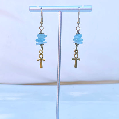 Aquamarine gemstone with brass Ankh Earrings